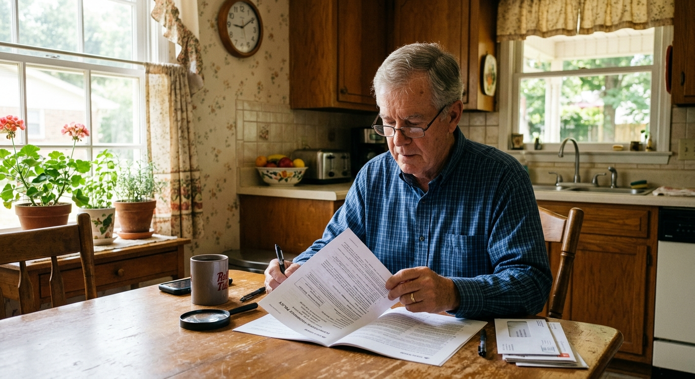 Elderly couple reviewing life insurance documents at a kitchen table in a sunny Alabama home