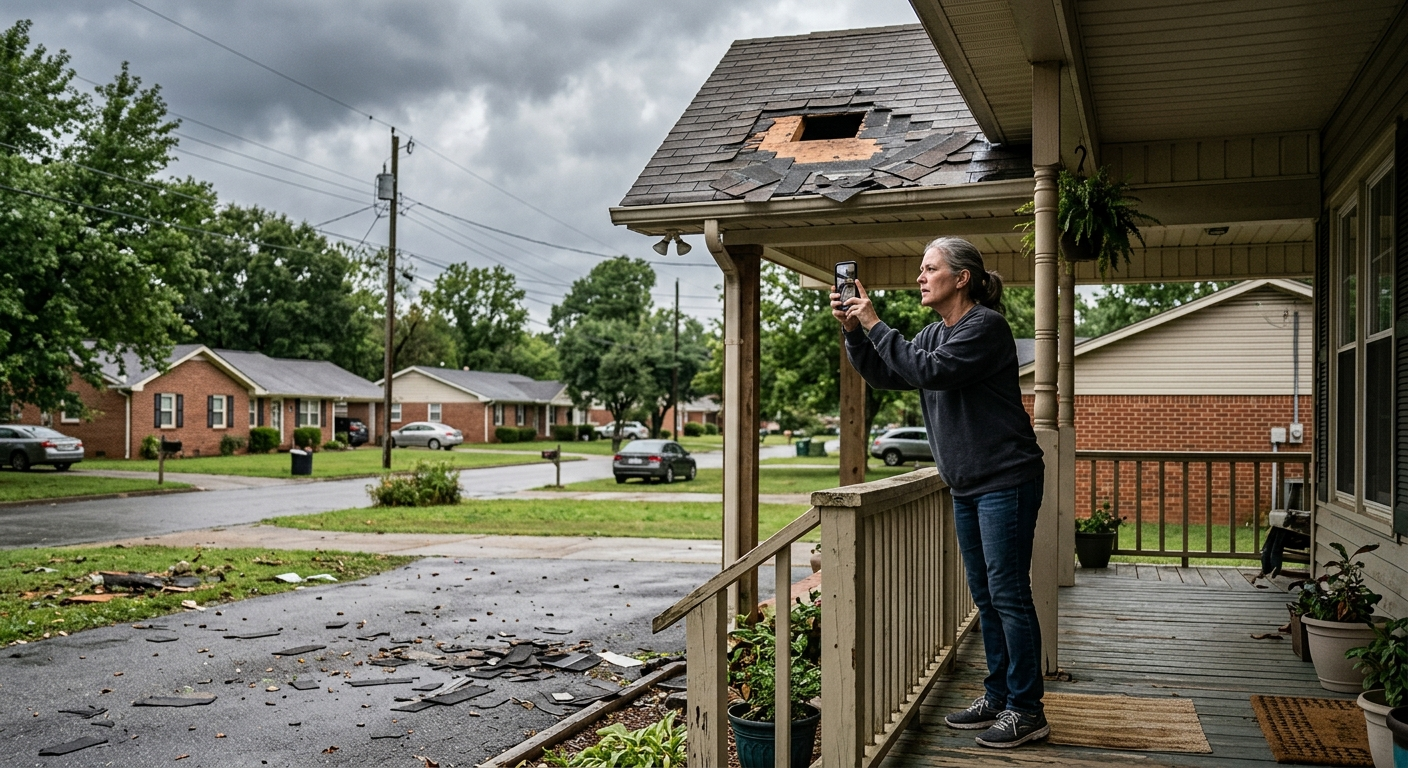 Alabama homeowner photographing storm damage to a roof after a severe thunderstorm, standing in a residential neighborhood