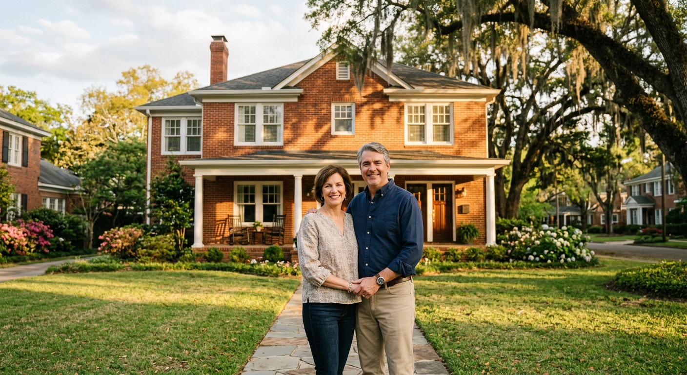 Brick ranch-style home in a Montgomery Alabama neighborhood on a sunny afternoon with green lawn and mature trees