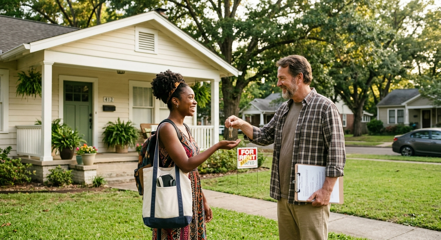 A landlord handing keys to a new tenant outside a residential rental home in Alabama on a sunny day