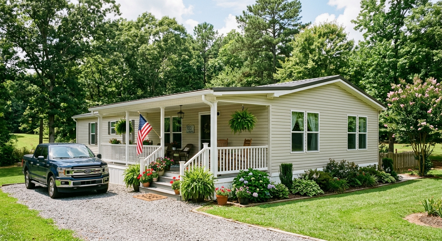 A double-wide manufactured home with a carport on a sunny Alabama property surrounded by trees