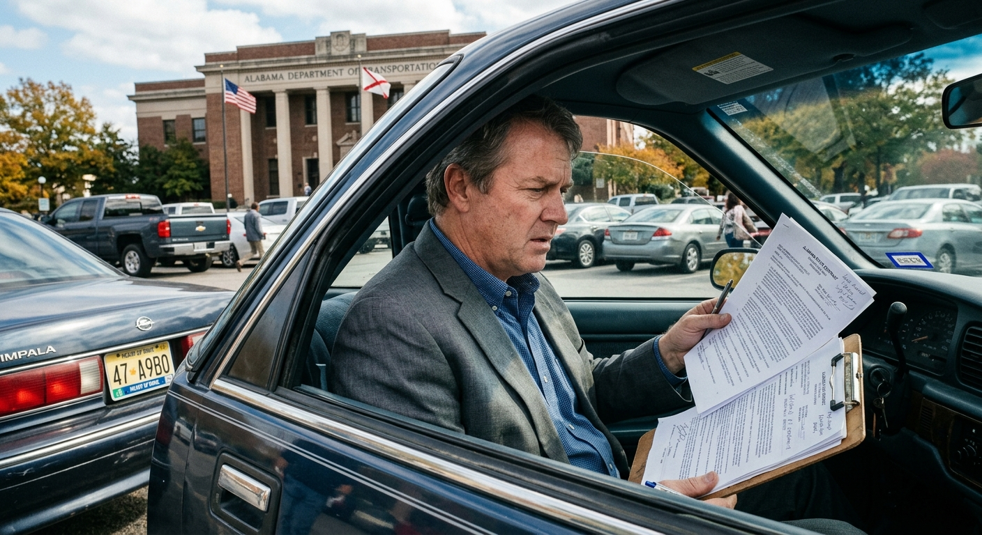 Alabama driver handing insurance documents to an agent at a desk inside a local insurance office