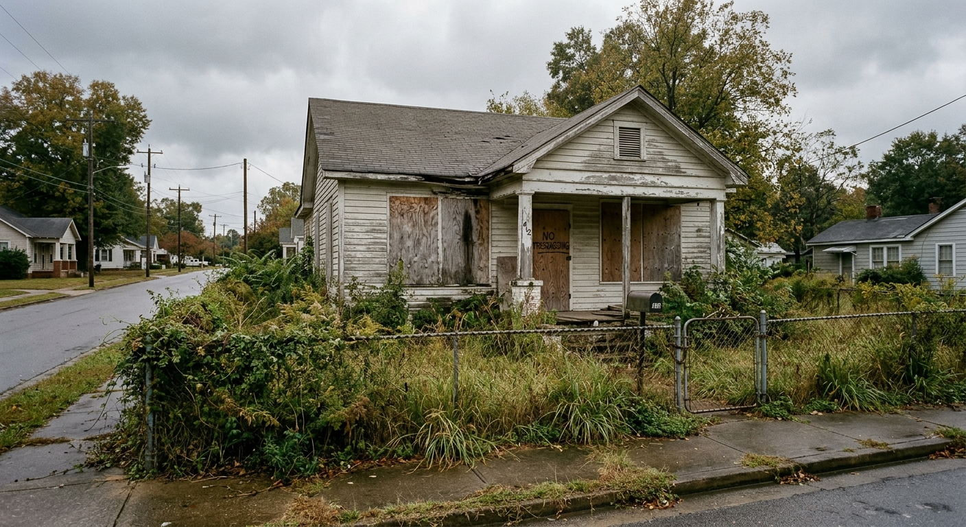 Empty white two-story house with overgrown lawn sitting vacant on a quiet Alabama street on a cloudy afternoon