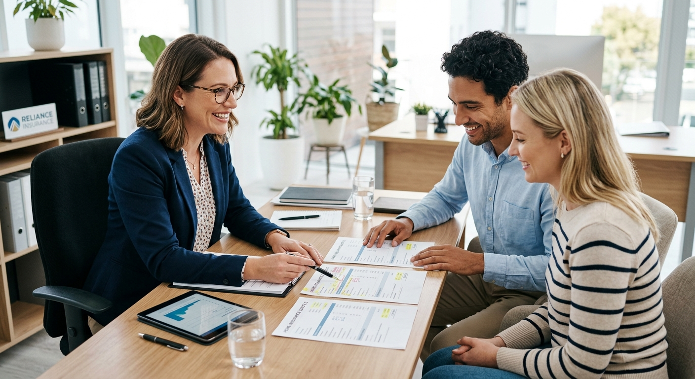 Independent insurance agent sitting across a desk from a client reviewing policy documents in a professional Alabama office