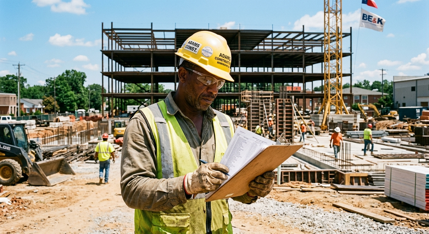 A construction worker in a hard hat reviewing safety paperwork at a job site in Alabama