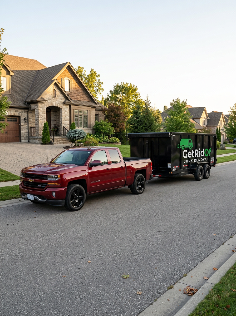 A red pickup truck is parked on a suburban street, towing a black dumpster rental trailer with green branding.