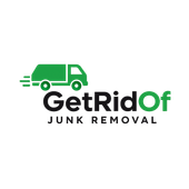 A green truck icon moving left next to the black and green text "GetRidOf JUNK REMOVAL".