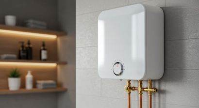 White wall-mounted water heater with copper pipes in a tiled bathroom or utility room