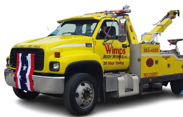 Yellow Wimp’s towing truck with a red-white-blue banner on the front, isolated on white background