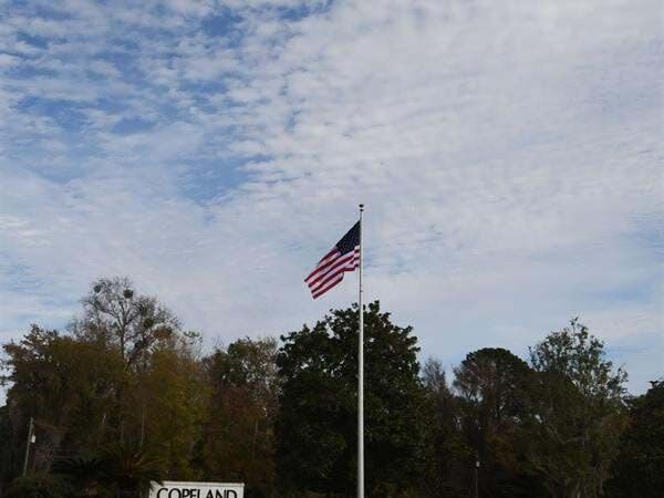 An american flag is flying in front of a cornland sign