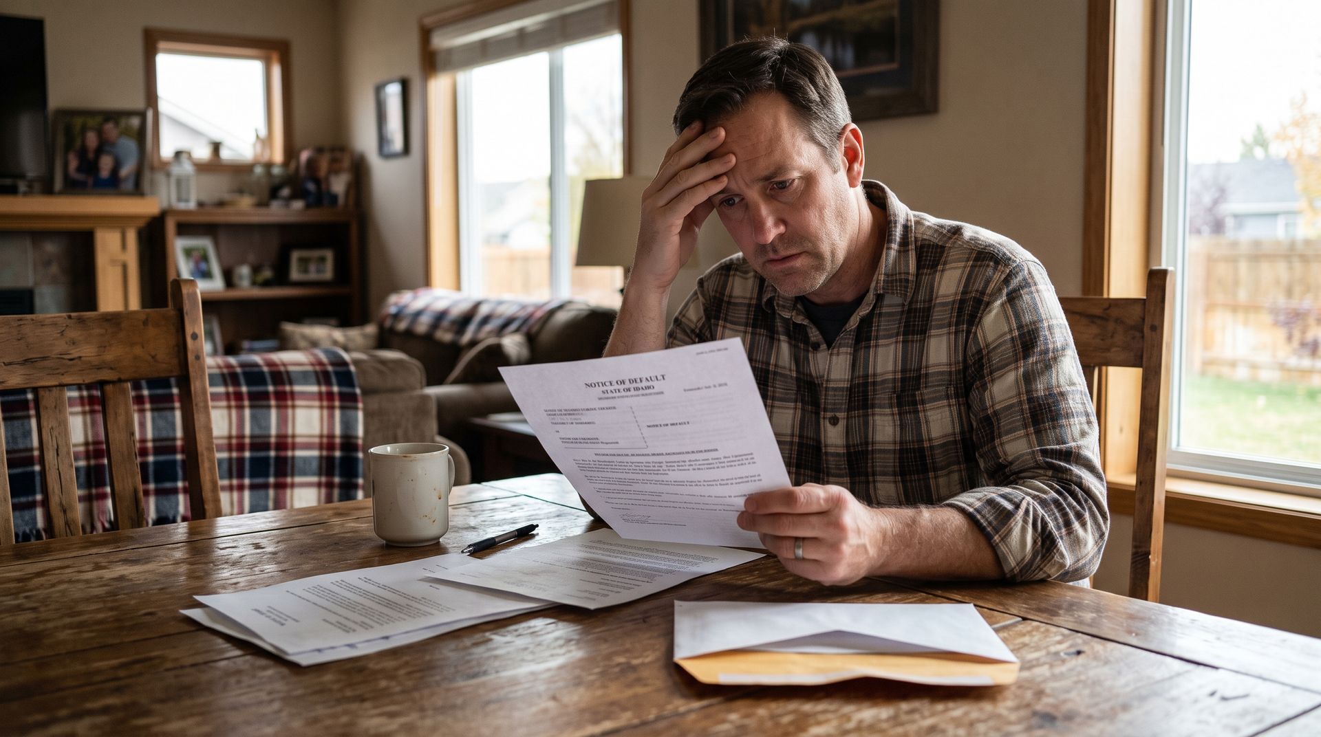 Man sitting at a wooden table, holding papers and rubbing his forehead, looking stressed in a sunlit room
