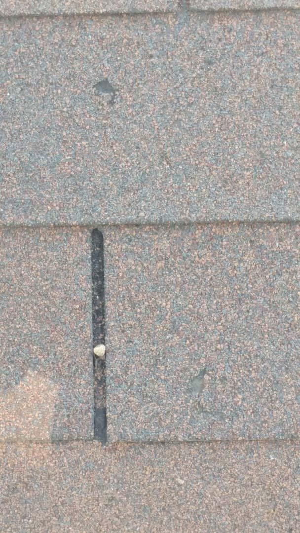 Close-up of gray roof shingles with a vertical dark seam and small white debris.