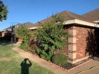 Single-story brick house with a tan roof, front walkway, and shrubbery in bright sunlight.