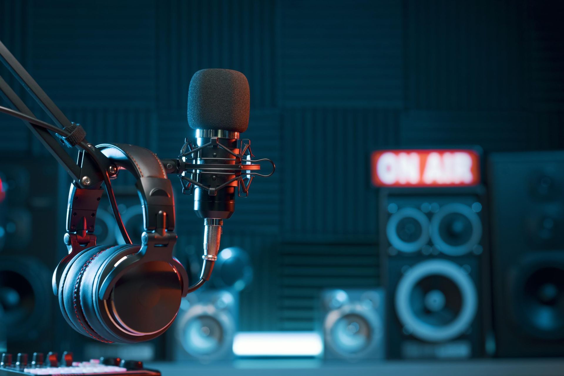 Podcast studio with microphone, headphones, and glowing ON AIR sign in blue-red lighting
