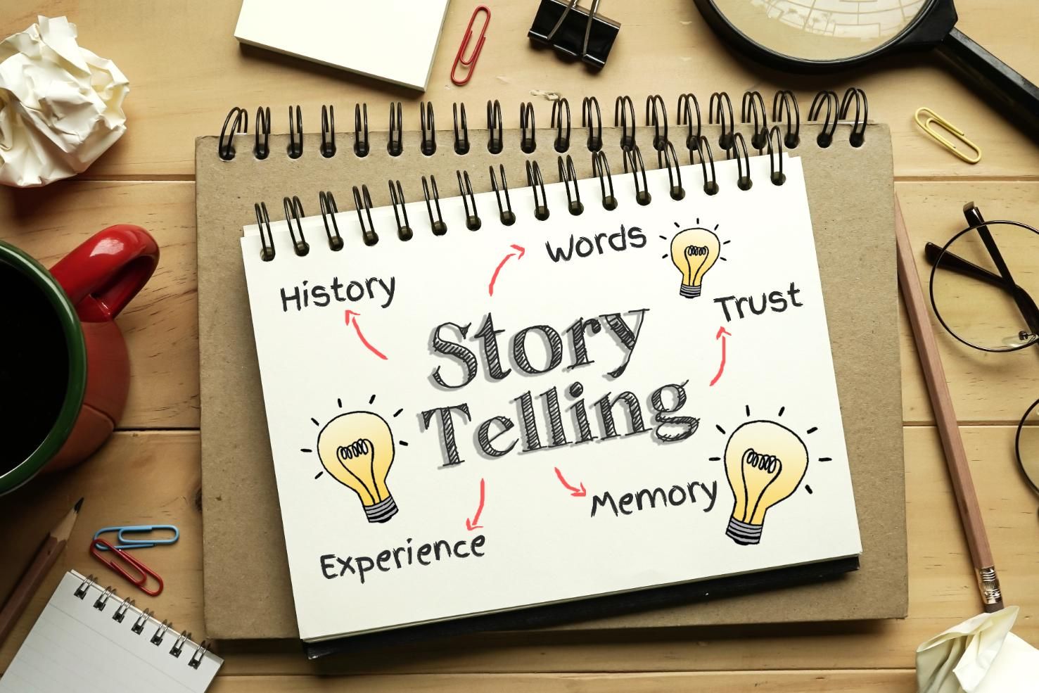 Desk with notebook showing “Story Telling” words and lightbulb sketches, with coffee, clips, and papers nearby