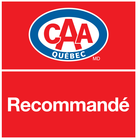 Logo de CAA Québec avec le texte « Recommandé » en dessous, les deux sur fond rouge.