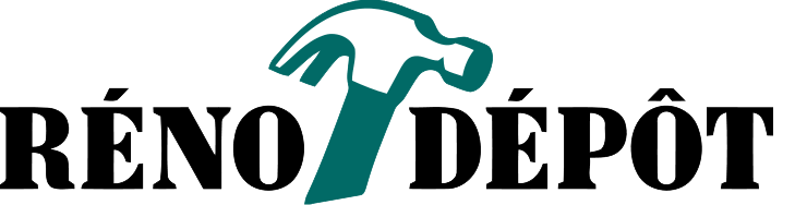 Logo RÉNO-DÉPÔT avec une icône de marteau turquoise entre les mots.