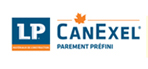 Logo de LP CanExel : texte bleu et orange avec un symbole de feuille d’érable, « PAREMENT PRÉFINI » en dessous.