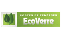 Logo d'EcoVerre, une entreprise de portes et fenêtres, représentant deux feuilles vertes et un texte vert et blanc.