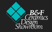 B&F Ceramics Design Showroom logo with turquoise diamond tiles on a black background