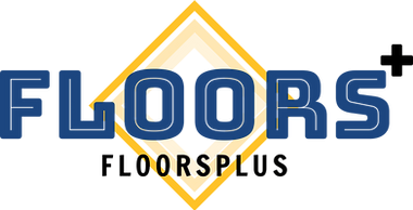 Floors Plus logo in blue and gold with stylized house outline and plus sign