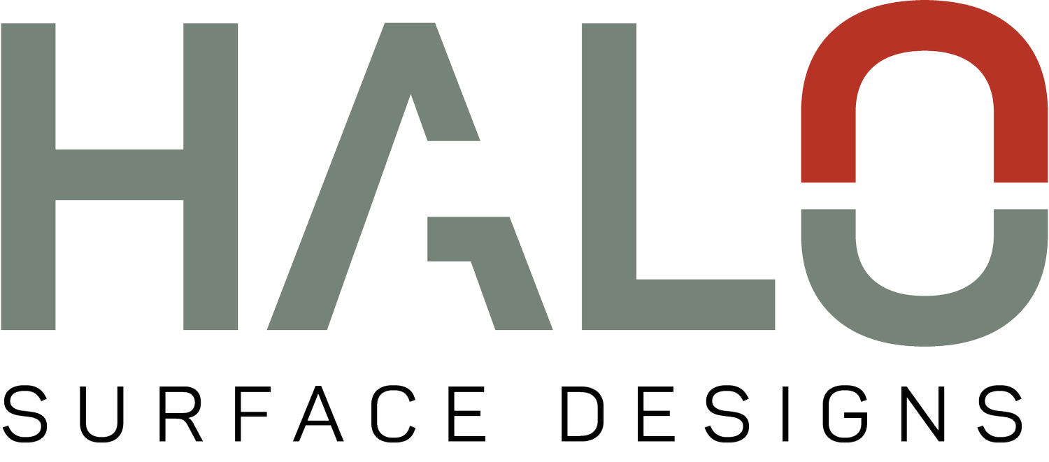 HALO Surface Designs logo with gray and red text on a white background