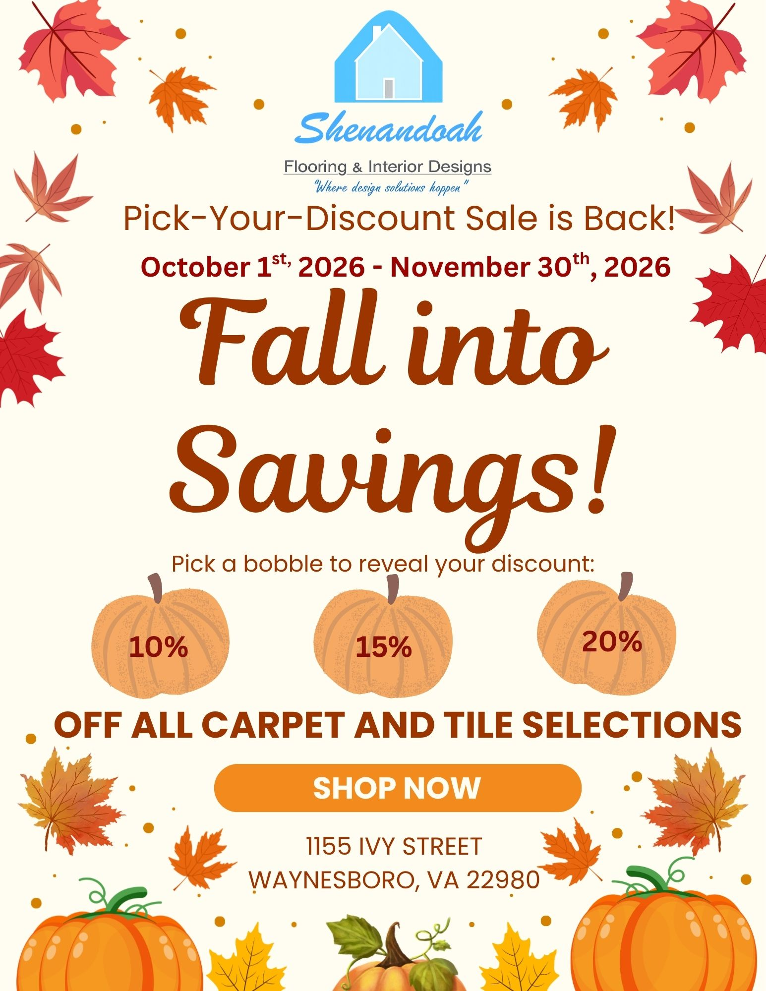 Fall carpet and tile sale flyer with orange leaves, 10% to 20% off, and “Shop Now” details. Fall carpet and tile sale flyer with orange leaves, 10% to 20% off, and “Shop Now” details.