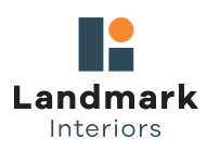 Landmark Interiors logo with teal and orange icon above black and gray text