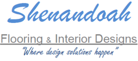 Shenandoah Flooring & Interior Designs logo with blue script and gray tagline, “Where design solutions happen”