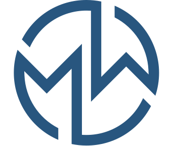 Blue circular logo with stylized white letters M and W