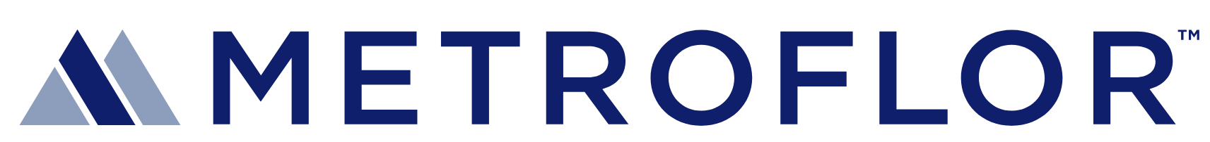 Metroflor logo in blue and gray text with stylized mountain icon on white background
