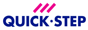 Quick Step logo in blue text with three pink slashes above it