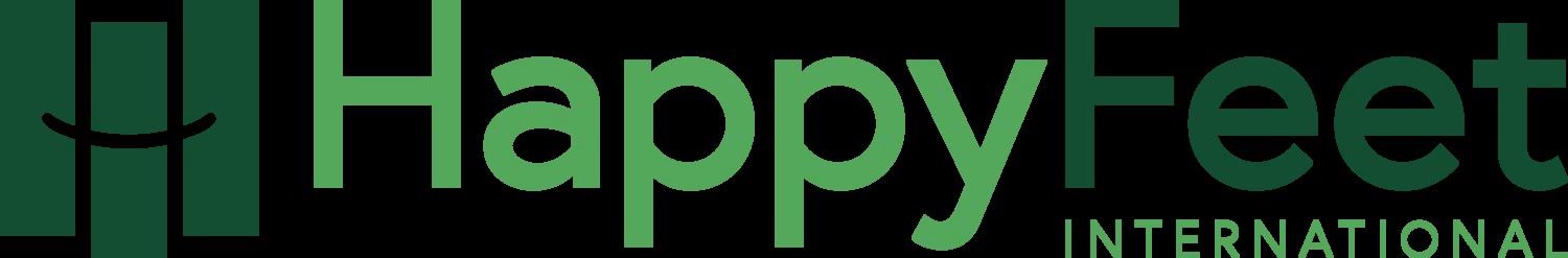 HappyFeet International logo with green stylized feet icon and text on a white background