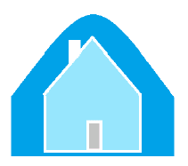 Blue house icon with light blue interior and a small gray door