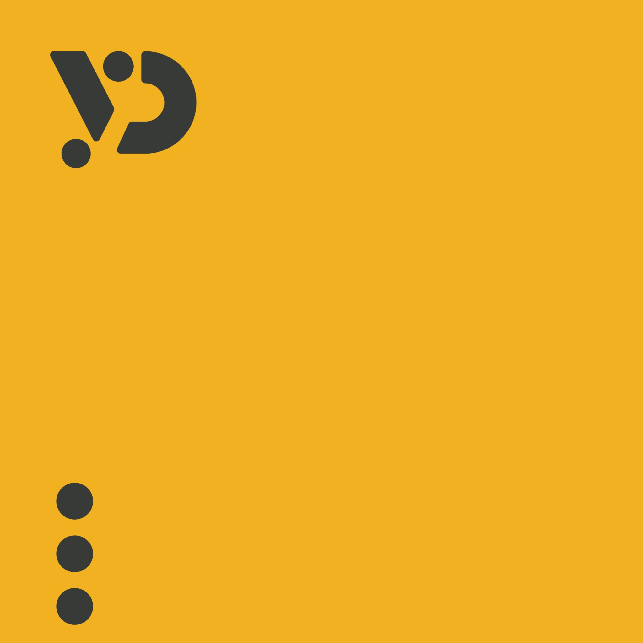 Orange screen with a black abstract logo at top left and three vertical black dots near bottom left.