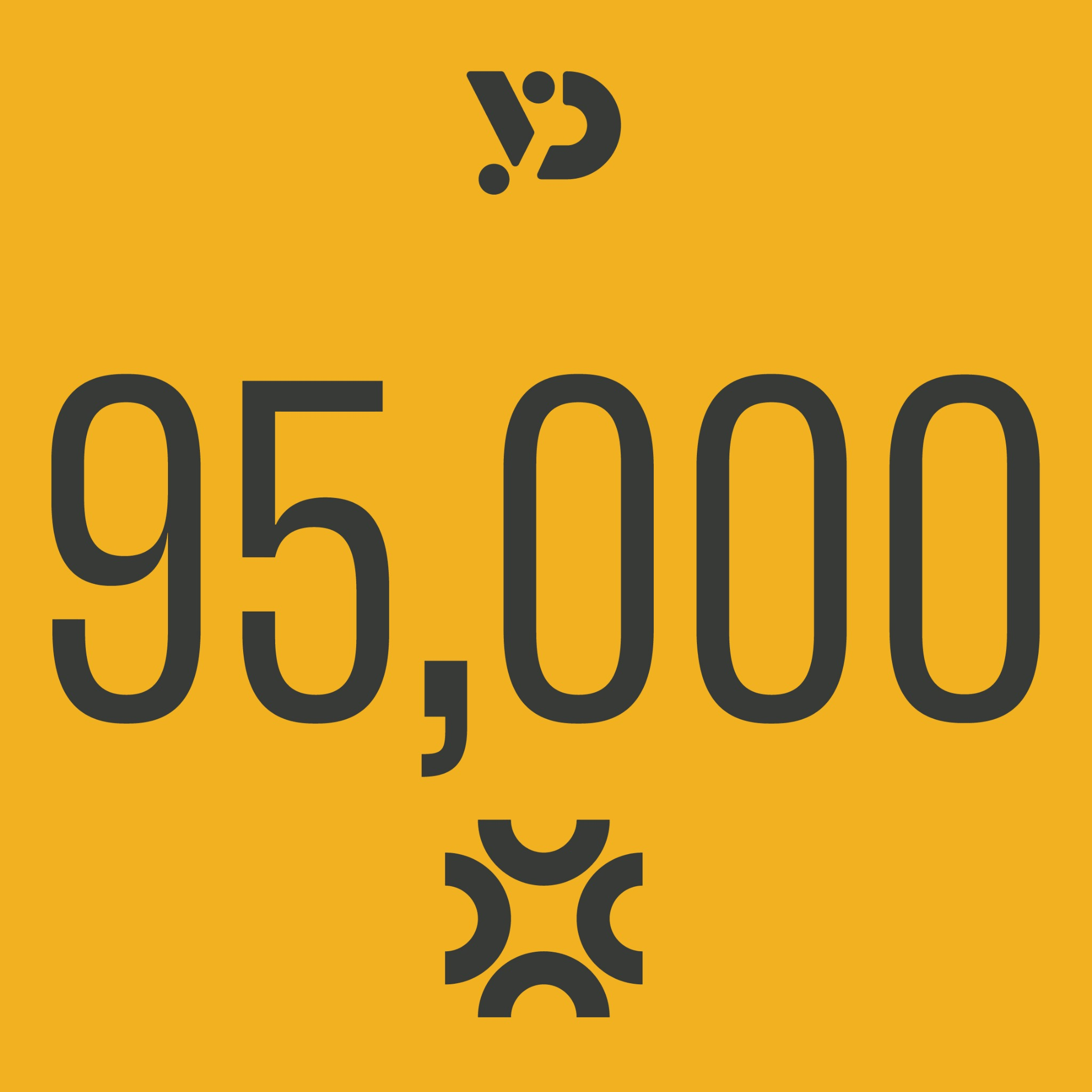 Yellow card with large black “95,000” centered, with small black symbols above and below.