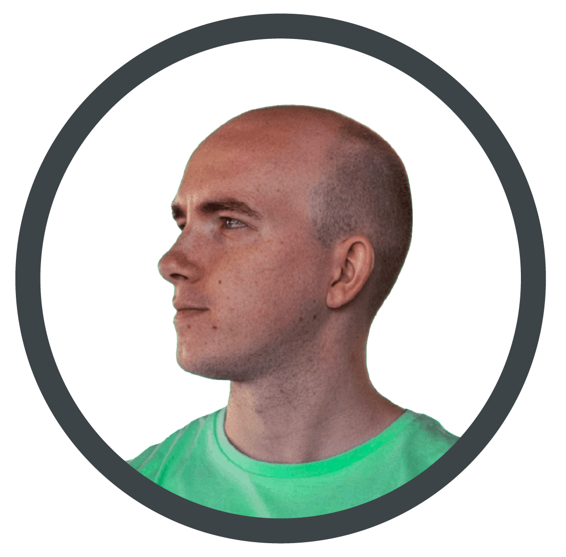 Profile portrait of a man in a green shirt inside a circular gray frame