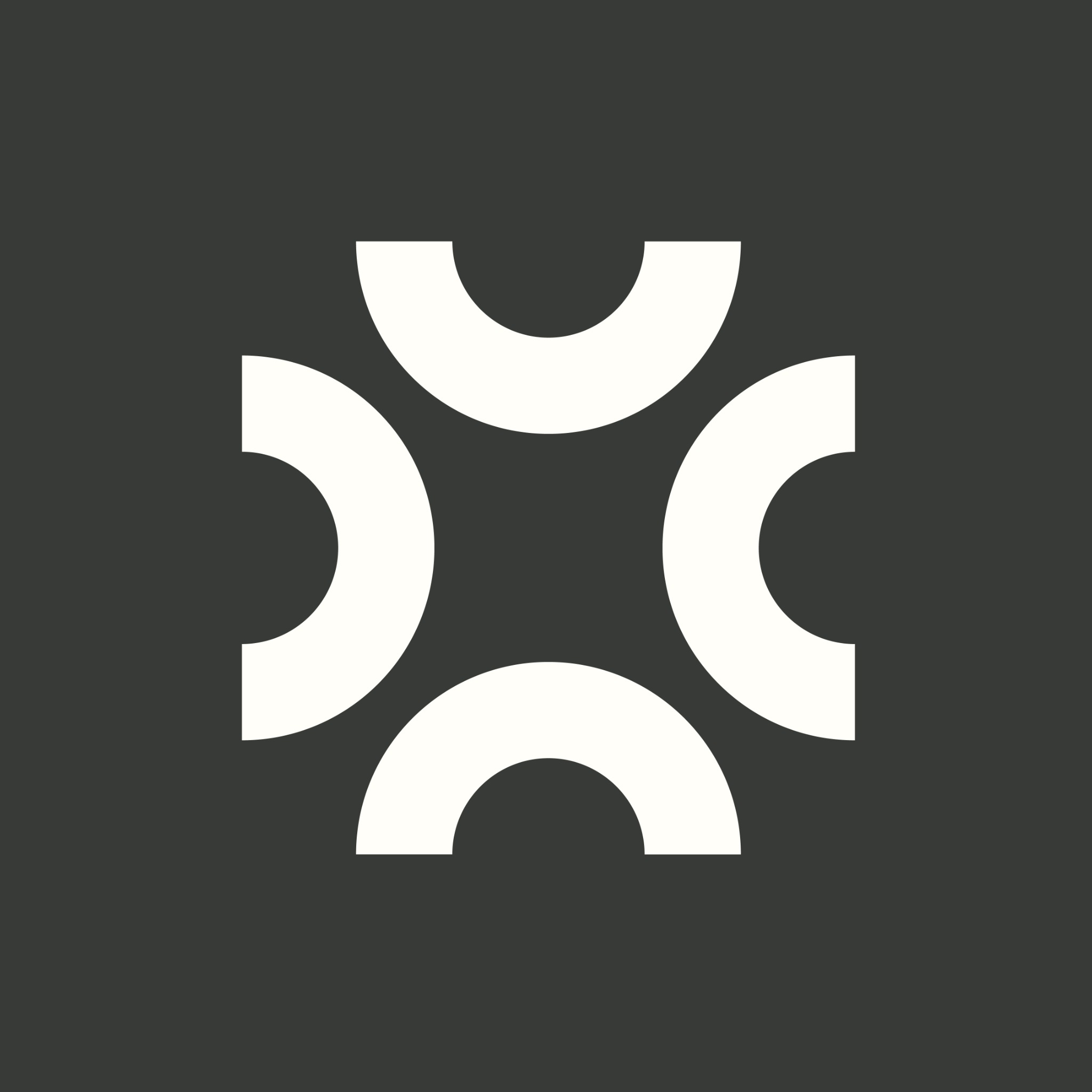 White abstract four-part logo on a dark gray background.