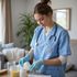 Nurse in blue scrubs with stethoscope, pouring pills in a home setting.