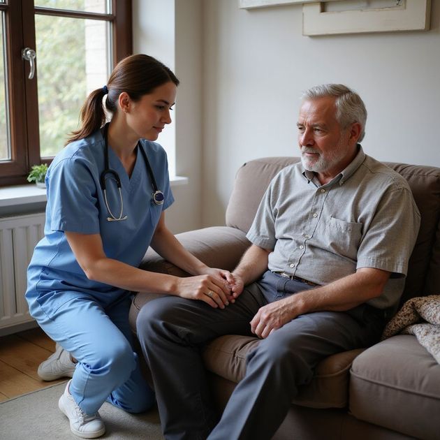Nurse in blue scrubs kneels, holding an older person's hand, comforting him. Living room setting.