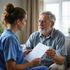 Woman in blue scrubs shows paperwork to a man with gray hair in a home setting.