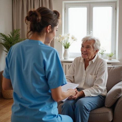 Nurse in blue scrubs consults with an older person seated on a sofa indoors.