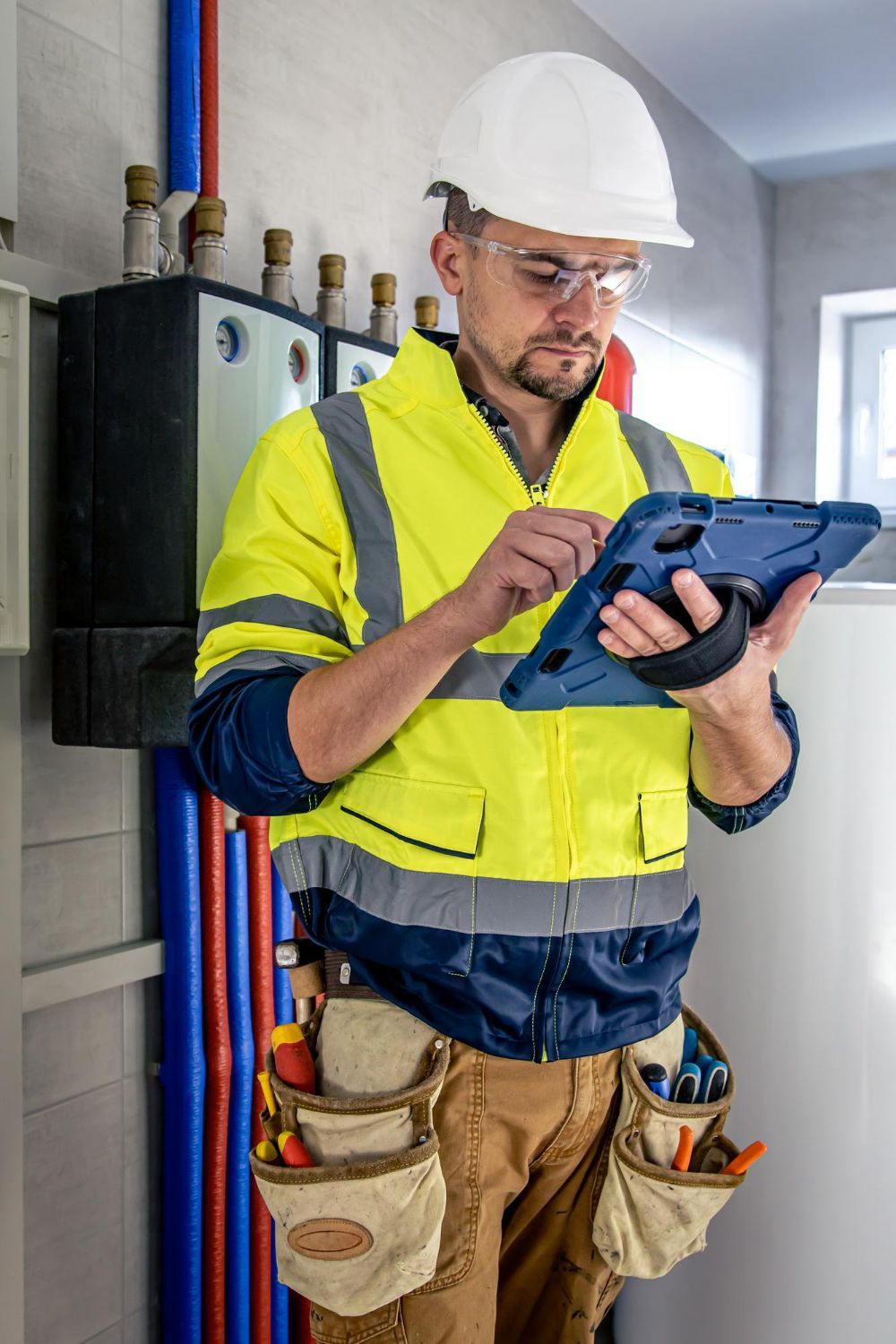 Construction worker in safety vest and hard hat using a tablet beside exposed pipes and electrical panels