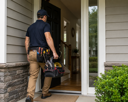 Technician carrying tools enters a home through the front door
