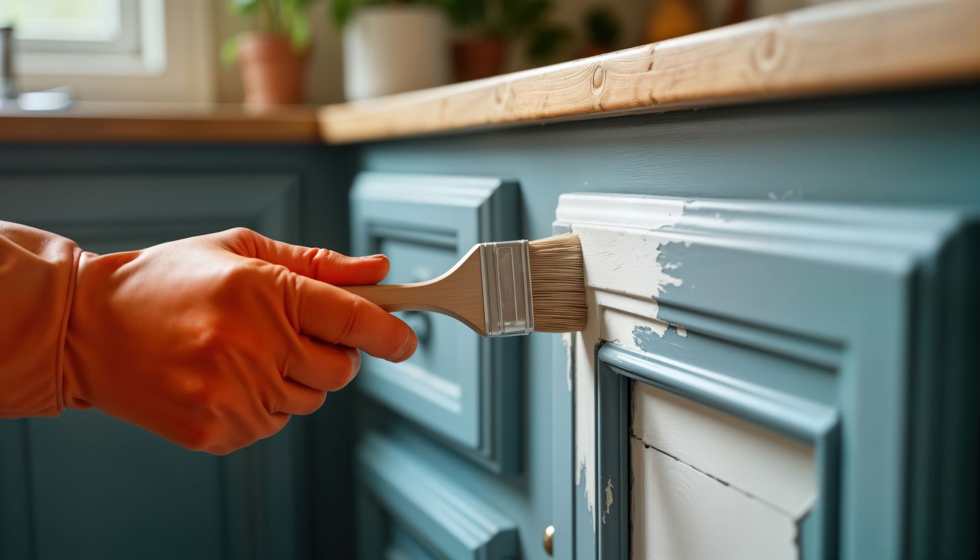 A person is painting a kitchen cabinet with a brush.