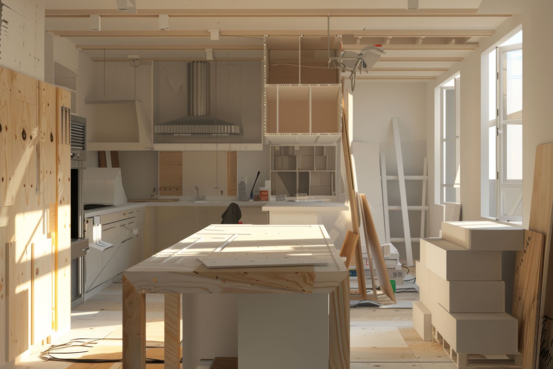 A kitchen under construction with a large island in the middle of the room.