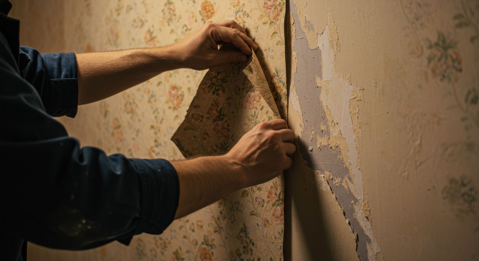 A man is peeling off a piece of wallpaper from a wall.