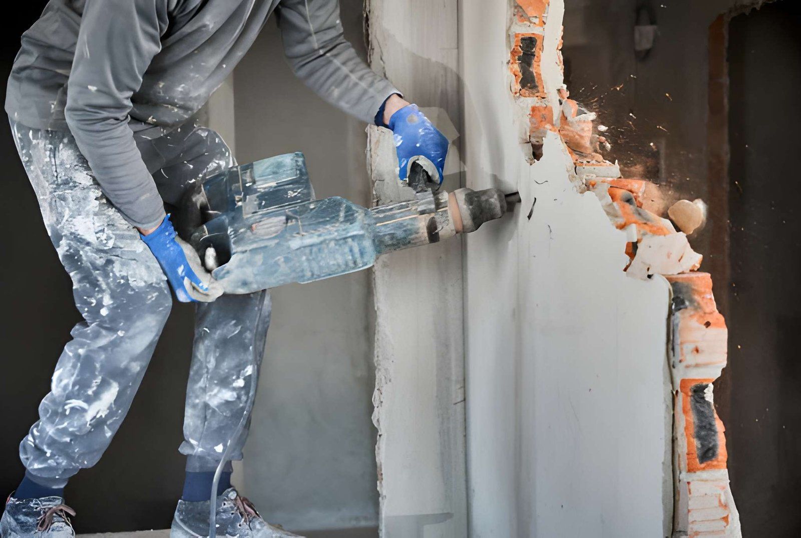 Worker using a jackhammer to break a wall during demolition, with exposed bricks and dust