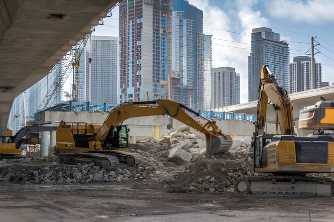 Construction excavators digging rubble beneath a highway overpass with city skyscrapers in the background