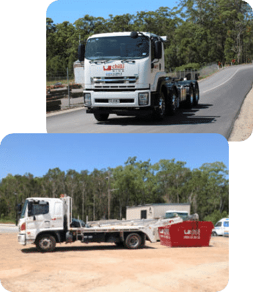 A White Truck Is Driving Down a Road Next to A Red Dumpster — Chilli Bins Skip Bins in Glenview, QLD
